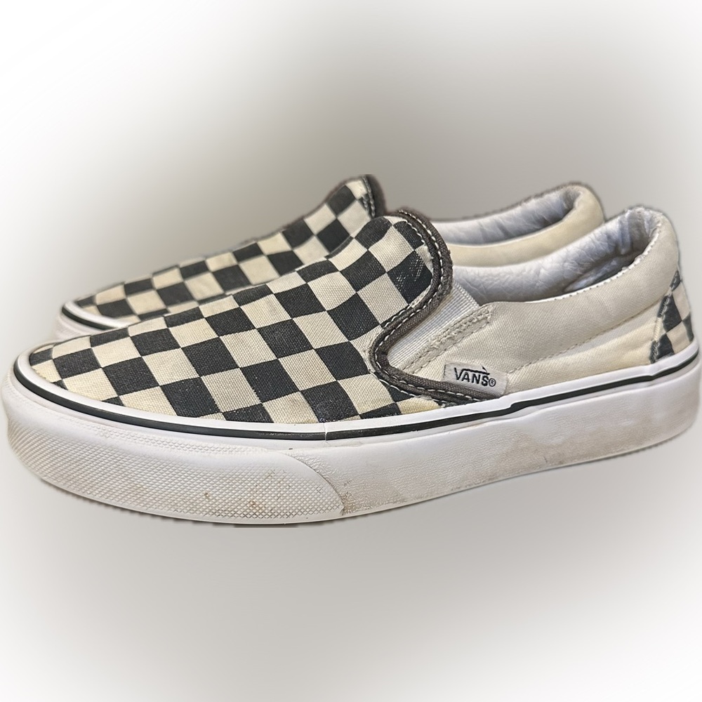 VTG VANS CLASSIC BLACK WHITE CREAM CANVAS CHECK CASUAL SLIP ONS LOAFERS 4.5M 6W